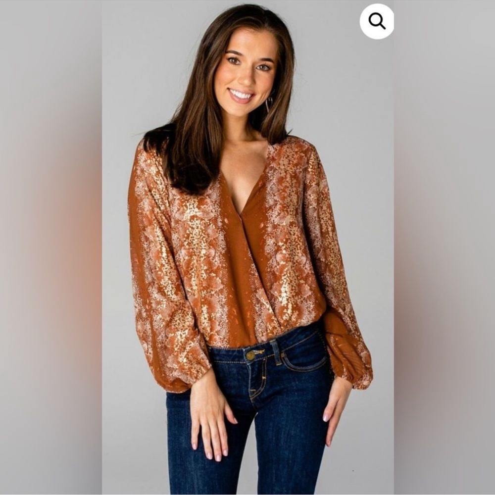 BuddyLove Bodysuits Womens X-Small Katrina Surplice Bodysuit Gold Burnt Orange